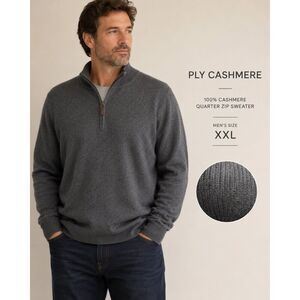 Ply Cashmere Quarter Zip Sweater Mens XXL Gray Solid Mock Neck Knit Pullover